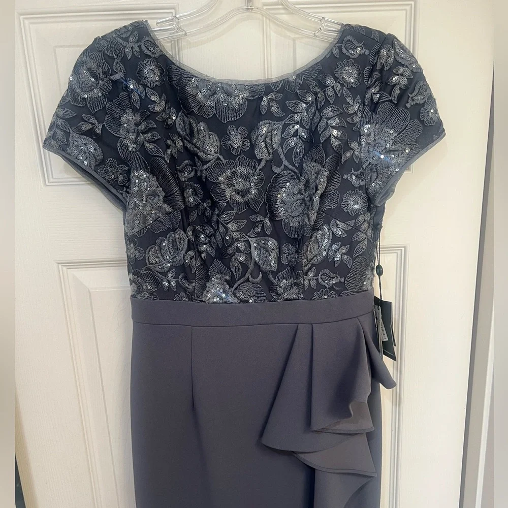 Adrianna Papell‎ Formal Dress Gown Gray Floral Embroidery  Ruffle Side Slit 2 - Picture 10 of 15